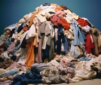 Vêtements usagés entassés, illustrant la surproduction textile et les dérives de la fast fashion.